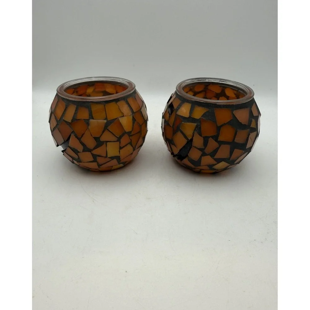 Set of 2 Mosaic Glass Pumpkin Jack O Lantern Tealight Candle Holders Halloween